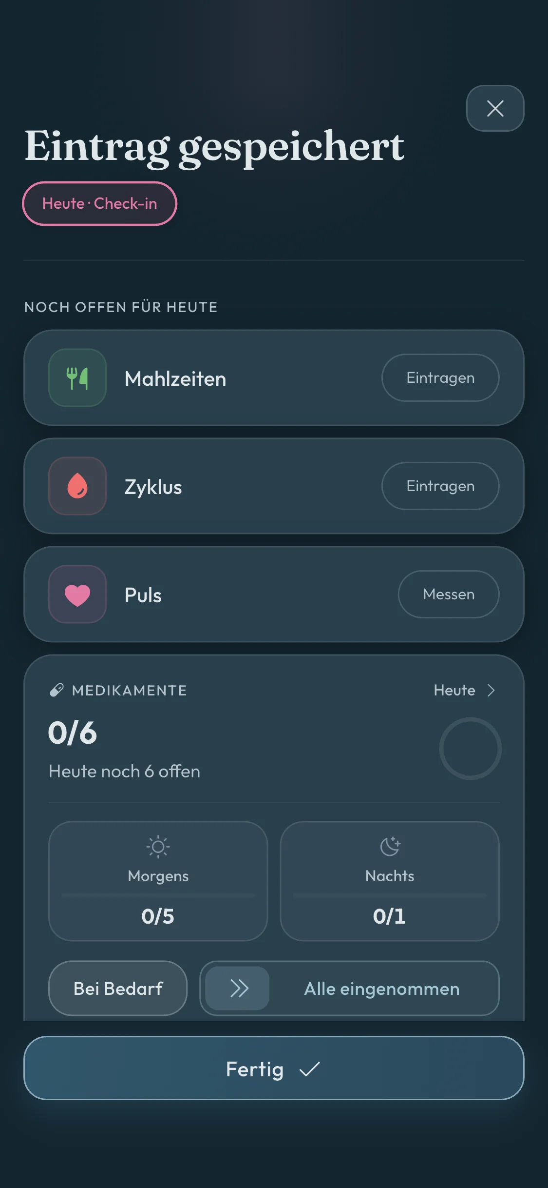 Elara Health Tagesansicht mit Medikamenteneinnahmen und weiteren Einträgen